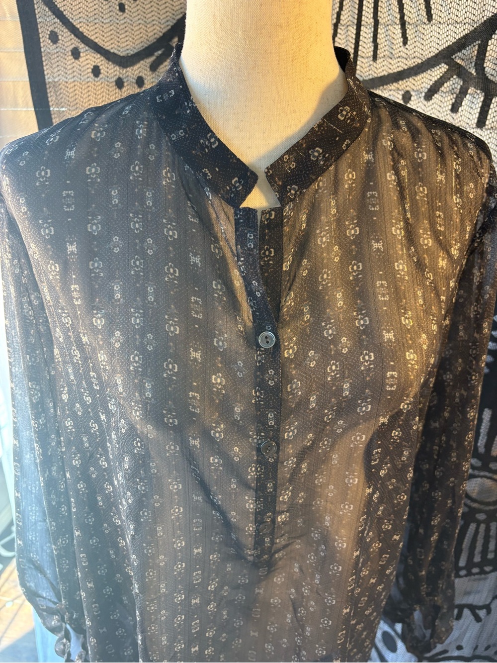 W by Worth Sheer Black Printed Band-Collar Blouse